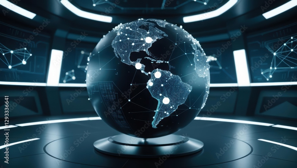 Poster globe connected by a complex network of lines symbolizing global communication and interconnectivity