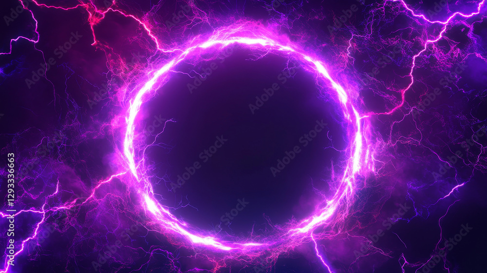 Aufkleber round frames of electric lightning with sparks and neon glow. pink and purple sparking discharge in 
