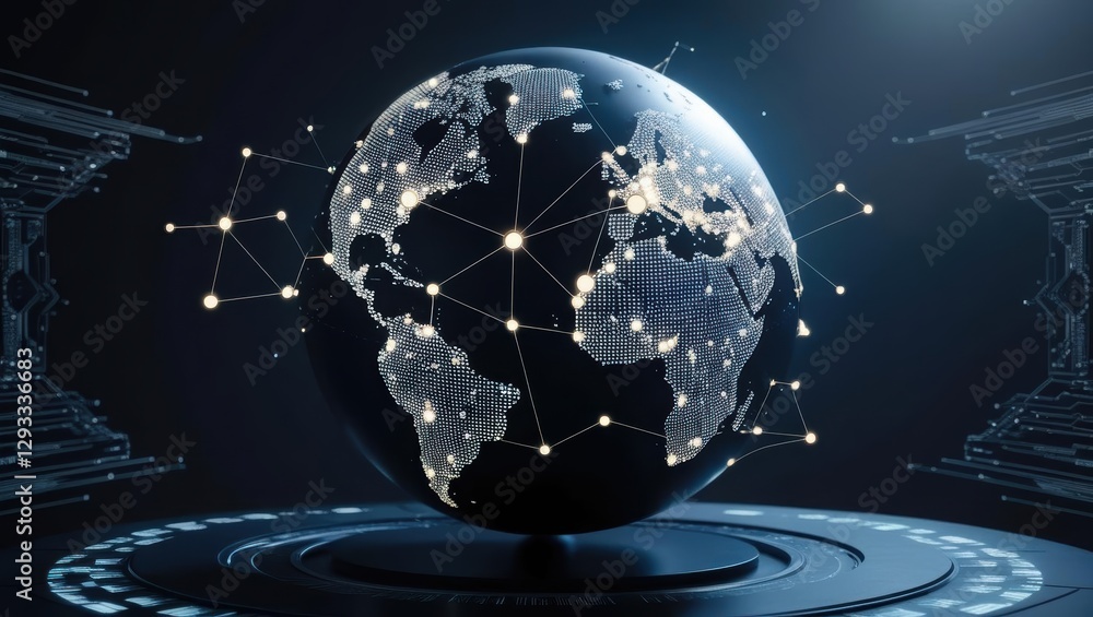 Poster globe connected by a complex network of lines symbolizing global communication and interconnectivity