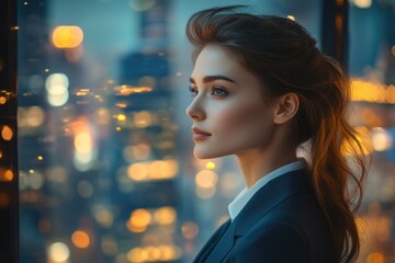 Obraz premium A young woman in a business suit gazes out a window at a glittering cityscape at night.