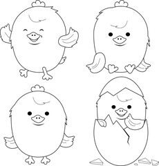 Little cute chicken birds. Chicks hatching from egg, newborn baby birds. Cartoon domestic farm bird characters. Vector black and white coloring page.