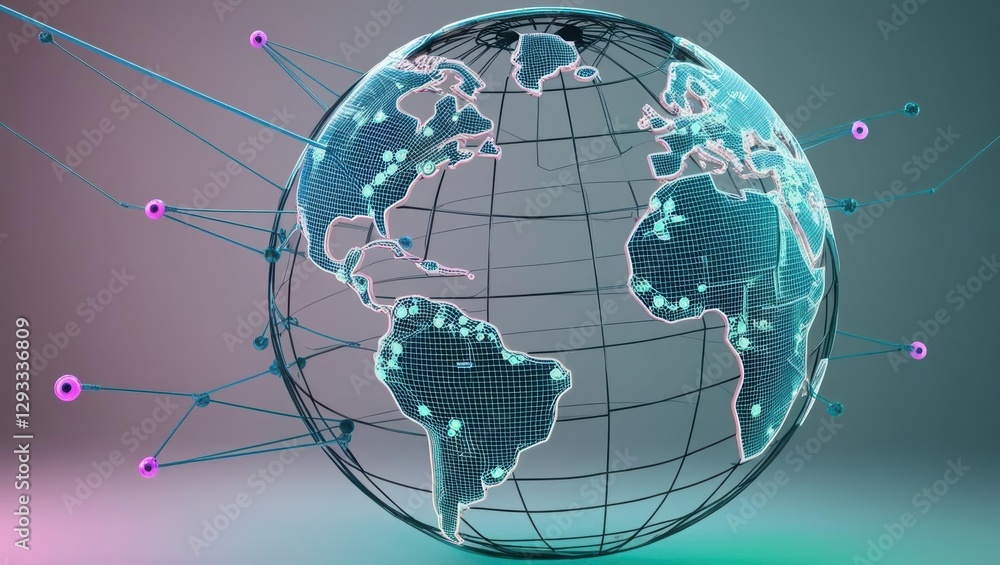 Poster globe surrounded by connecting lines illustrating the concept of global networks and communication