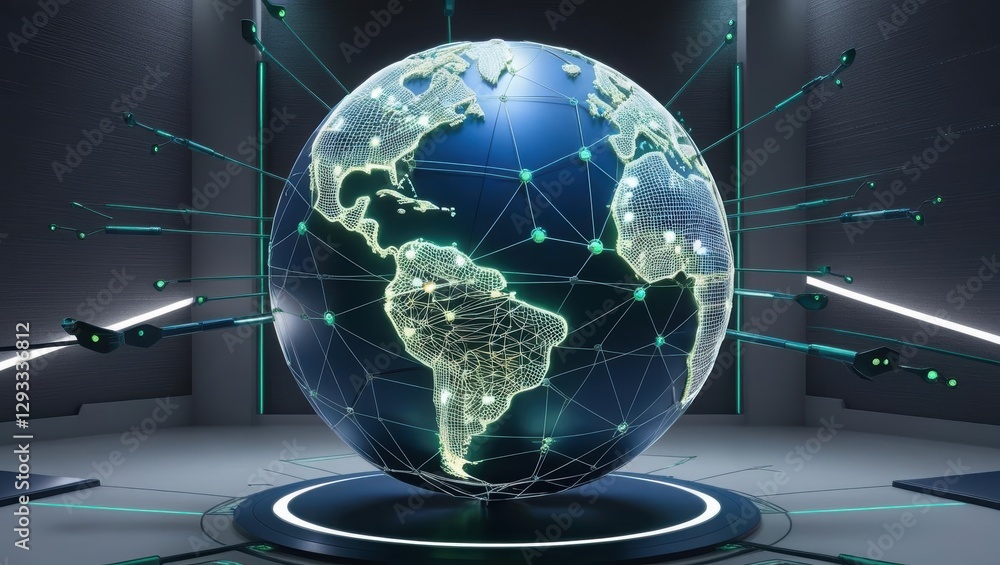 Poster globe connected by a complex network of lines symbolizing global communication and interconnectivity