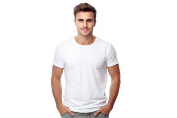 elegant handsome young man in white t-shirt isolated on white or transparent png