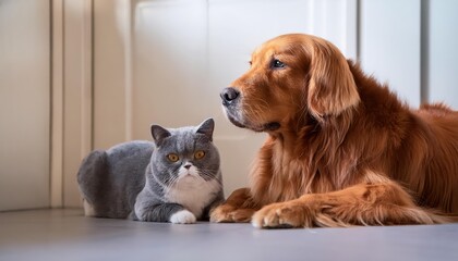 Playful Companionship A Charming British Shorthair Cat and Golden Retriever Sharing a Moment of Joy in a Cozy Living Room, Enhanced by Warmth and Soft Textures.