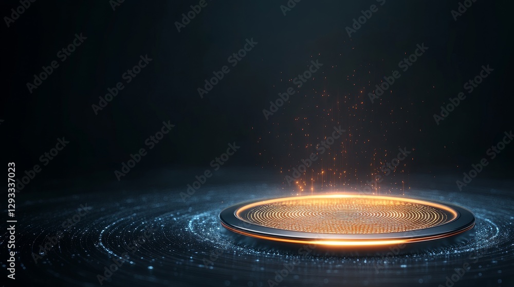 Poster glowing circular surface with radiating particles in dark environment