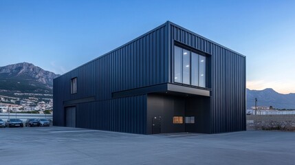 Fototapeta premium Contemporary dark blue steel warehouse with office and parking for logistics and distribution needs