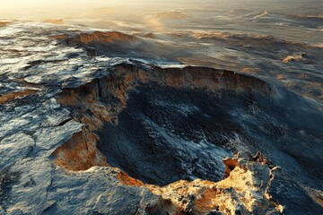 Arid, desolate landscape with deep crevasses and cracked earth, bathed in golden sunlight.