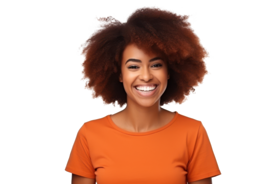 young afro woman in orange t-shirt isolated on white or transparent png