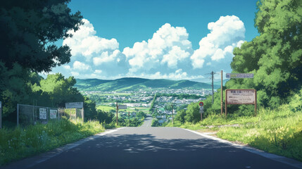 Fototapeta premium Nature landscape with road, city on horizon, trees and clouds in sky. Summer scene with empty highway, green fields, road sign and town buildings, vector cartoon illustration