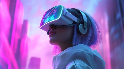Woman with purple hair wearing VR headset in futuristic city.