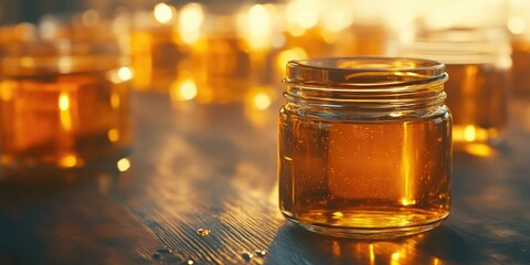 Honey Jars with Wooden Table Background