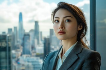 Fototapeta premium A young businesswoman looks thoughtfully out a window at a cityscape, contemplating her future.
