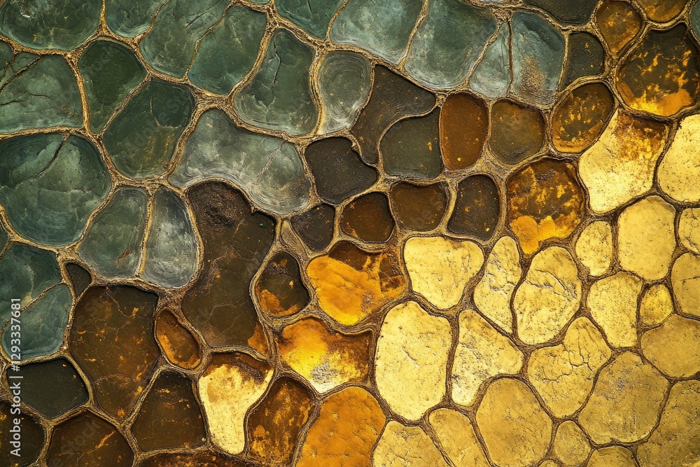 Poster abstract aerial view of irregularly shaped golden and green stones forming a mosaic pattern.