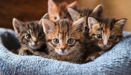 Snuggle of Adorable Kittens Resting Blissfully on a Cozy Blanket, Amidst the Compassionate Environment of an Animal Shelter, Radiating Warmth and Innocence.