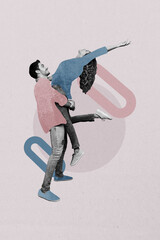 Vertical sketch 3d artwork collage poster of two happy girl guy dance together valentine holiday...