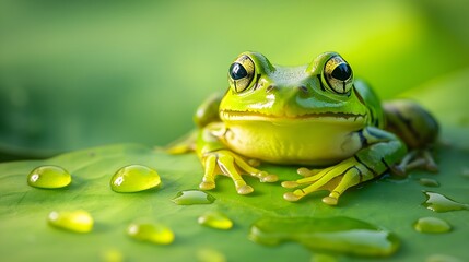 Obraz premium morning awakening: frog on lotus leaf with dew drops in soft light