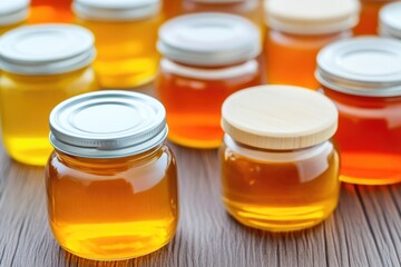 Raw honey in jars on a rustic wooden table