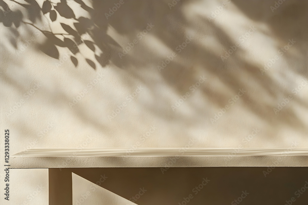 Poster minimalist product display with natural light and foliage shadows creating an inviting background fo