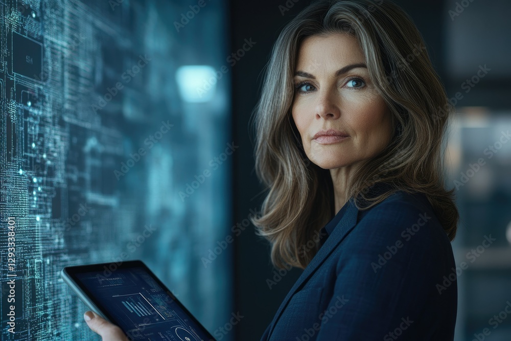 Leinwandbilder a woman stands confidently before a digital screen, holding a tablet displaying data visualizations.