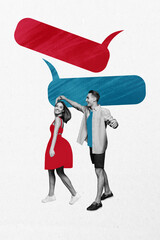 Artwork photo vertical collage of two happy girl guy dance bubble communication icon phrase speech...