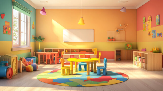 Kindergarten classroom for preschool child cartoon. Nursery playroom interior with toy, table and chair. Cute room design for montessori daycare activity and education background illustration