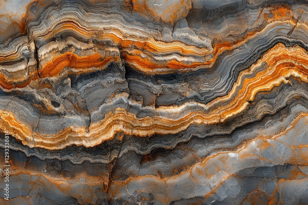 Poster striking image of layered rock formation with wavy, orange and grey hues, showcasing natural texture