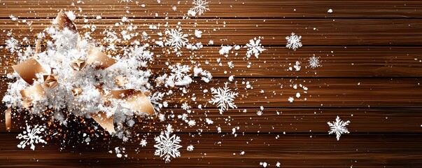 Fototapeta premium Festive Gold Bow and Snowflakes on Wooden Background