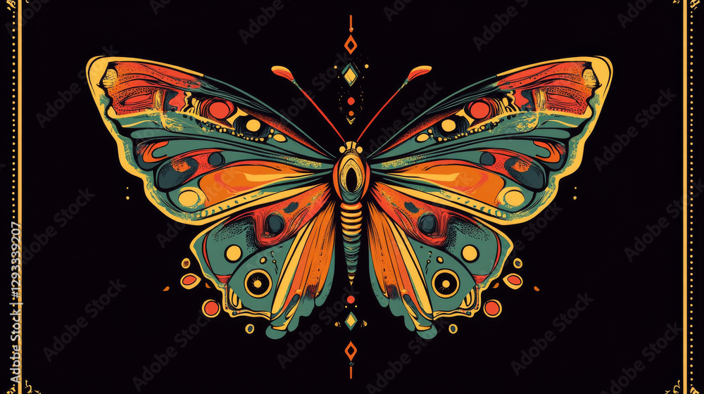 Aufkleber y2k retro poster design template with grey tribal abstract graphic butterfly shape elements on black