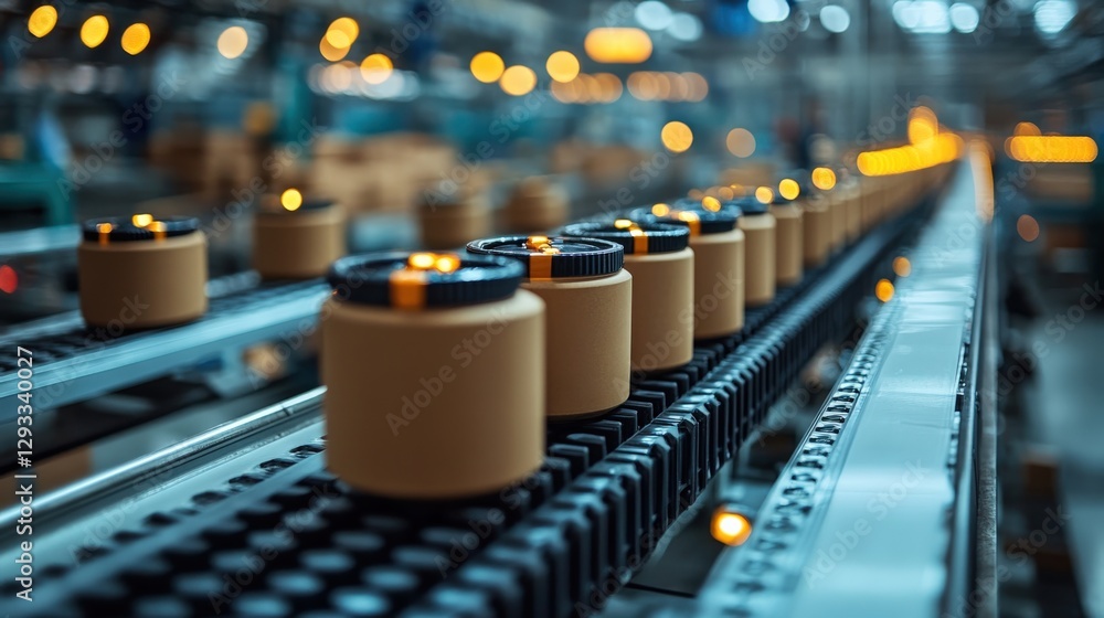Poster automated production line showcasing jars moving along conveyor with blurred background lights