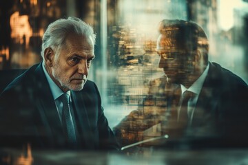 A pensive senior businessman sits contemplating, his reflection mirroring a cityscape, symbolizing urban ambition and thoughtful leadership.