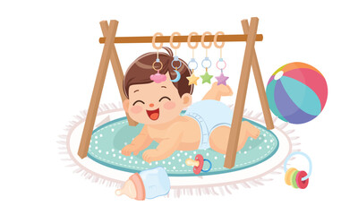 Crawling baby vector in flat design. An adorable baby with short brown hair is crawling on a soft play mat, smiling joyfully. Crawling baby clipart in cartoon style. Baby shower.