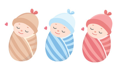 Sleeping baby vector in cartoon style isolated on white background. Newborn baby in swaddle clipart. Baby shower. 