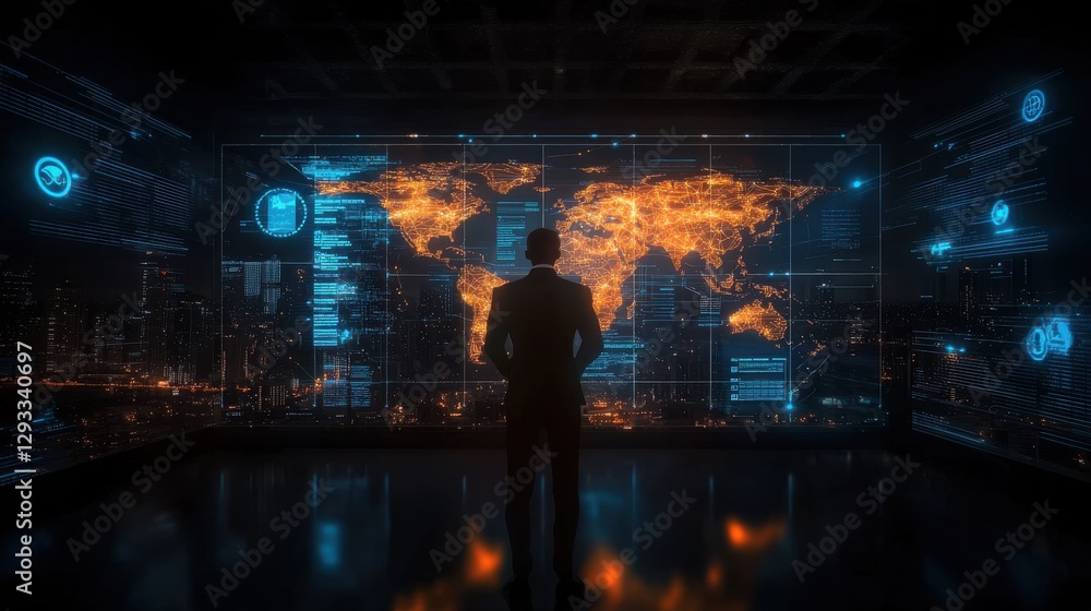 Poster silhouetted business executive or technology expert standing in front of a vast digital interface di