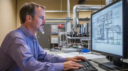 Engineer Reviewing Technical Plans On Computer System Designs using software programs, reviewing