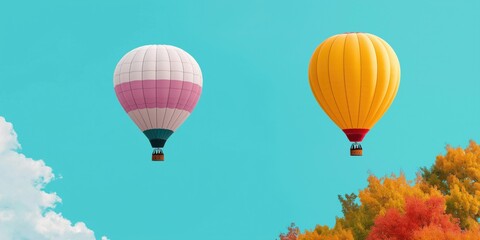 Obraz premium Two hot air balloons are flying in the sky, one is pink and the other is yellow. The sky is blue and there are some clouds in the background. Concept of freedom and adventure