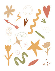 Modern abstract vector clipart with hand-drawn doodles, organic shapes, and geometric elements in earthy tones. Perfect for branding, posters, stickers, prints, and creative design projects.