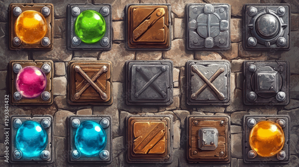 Poster play buttons for game menu interface. vector cartoon set of active, hover and normal glossy buttons 