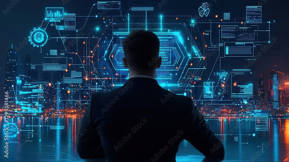 Poster futuristic digital cityscape with a glowing heads up display hud interface showcasing various data v