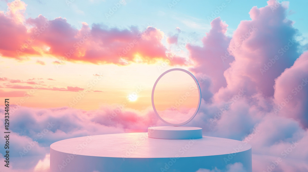 Poster white two steps cylinder product podium with decorative circle in fluffy clouds on blue and pink gra