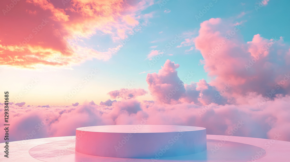 Poster white two steps cylinder product podium with decorative circle in fluffy clouds on blue and pink gra
