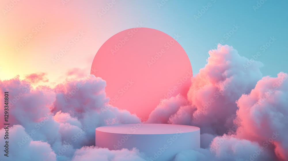 Aufkleber white two steps cylinder product podium with decorative circle in fluffy clouds on blue and pink gra