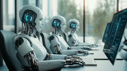 Human and ai robots office workers. Robotic employees together with people in futuristic workplace. Cyborgs automation, artificial intelligence technologies, isometric 3d vector line art illustration