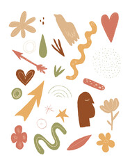 Modern abstract vector clipart with hand-drawn doodles, organic shapes, and geometric elements in earthy tones. Perfect for branding, posters, stickers, prints, and creative design projects.