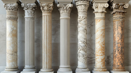 Naklejka premium Ancient roman columns, marble architecture decor. Vector realistic antique greek white pillars with capitals in doric, corinthian, ionic and tuscan style isolated on transparent background