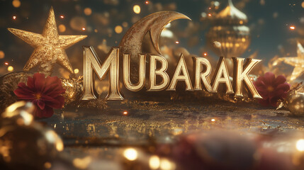 Elegant Golden Mubarak Text Festive Design 3D Render Luxury Sparkling Background Holiday Greetings Card Celebration Decoration Ornament Star Moon Floral Elements Rich Detailed Texture Shimmering      