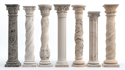 Ancient roman columns, marble architecture decor. Vector realistic antique greek white pillars with capitals in doric, corinthian, ionic and tuscan style isolated on transparent background