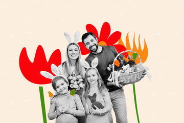 Composite photo collage of happy family gathering together easter preparation tradition bunny ears...