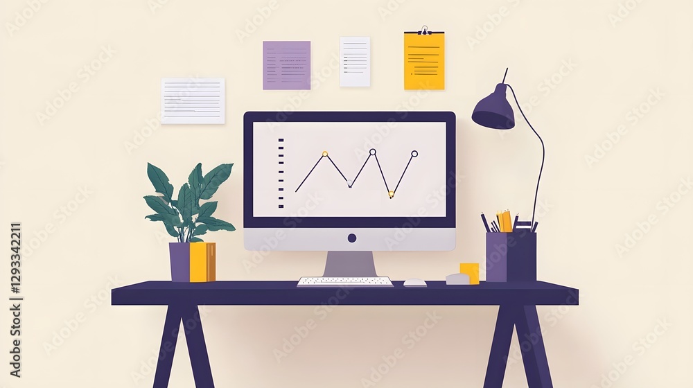 Poster 2d illustration of minimalist home office with computer display on the table with lamp