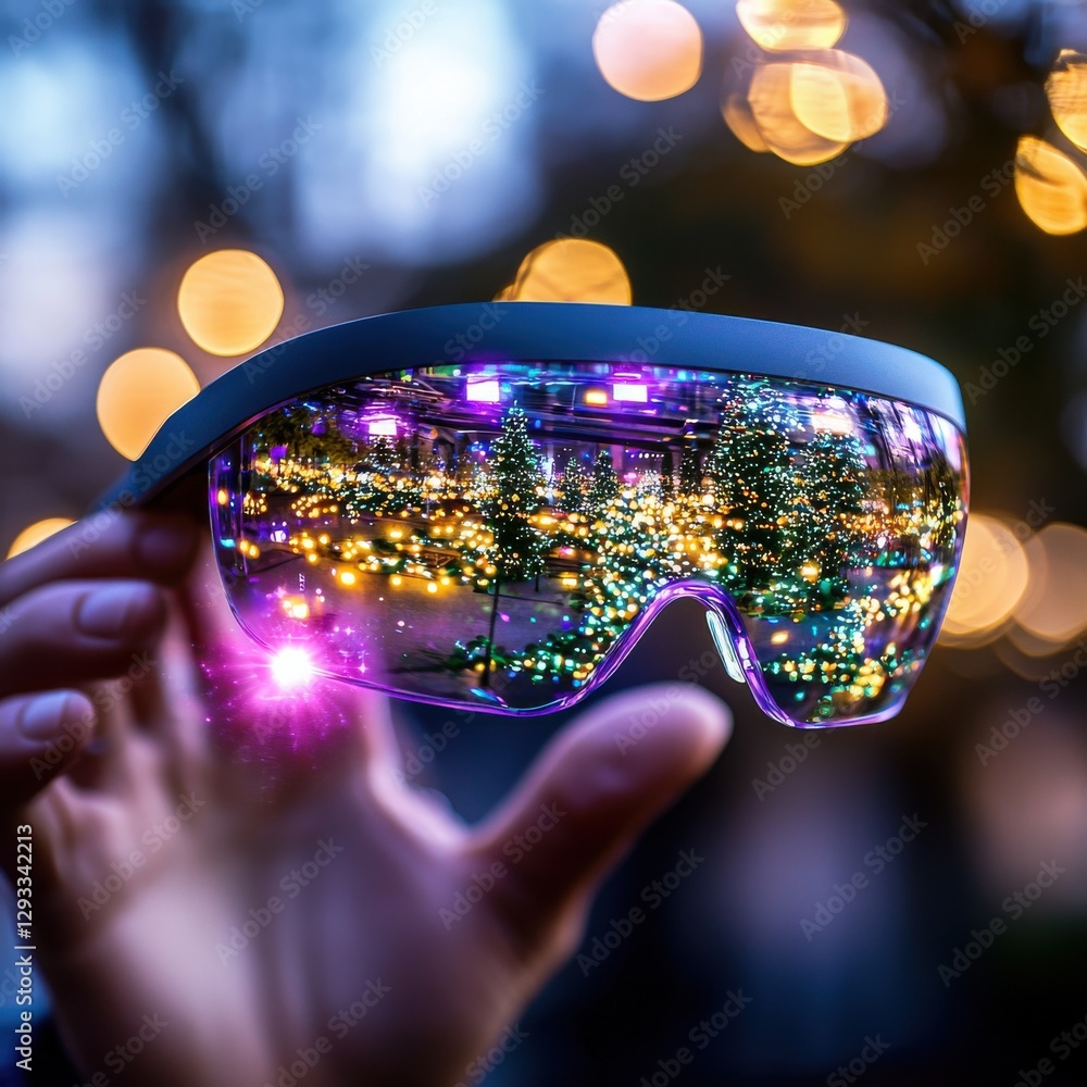Poster enchanting glass ball capturing the reflection of a glittering city skyline at night with an array o
